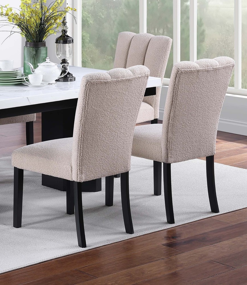 Upholstered Soft Fabric 2pc Dining Chairs Channel Tufting Neutral Tone Side Ch