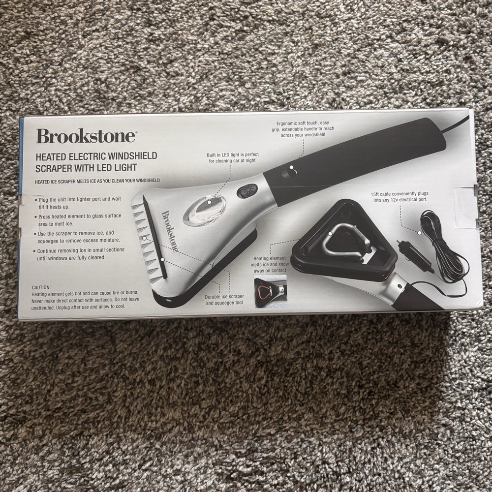 Brookstone Heated Electric Windshield Scraper With LED Light Melts Ice NIB