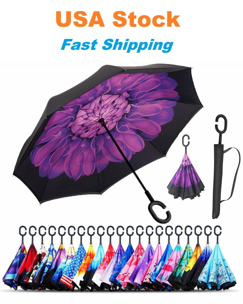 C-Handle Inverted Reverse Umbrella, Flower print (Inside-out, Upside-down)