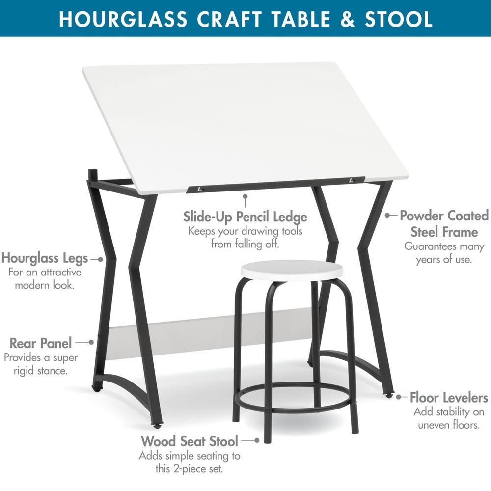 Hourglass Craft Table Angle Adjustable Drafting Table, Table+Stool