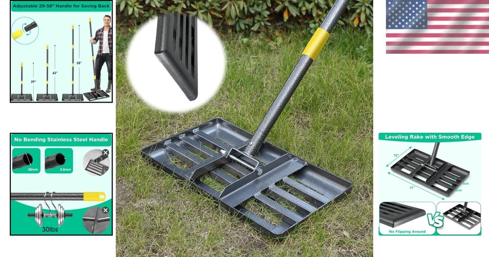 Effortless Lawn Leveling Rake - 5FT Adjustable Handle, 17"x10" Lightweight Tool