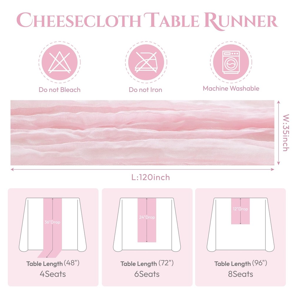 Sioloc 10-Pack Light Pink Cheesecloth Table Runner 120"x35" Spring/Easter Decor