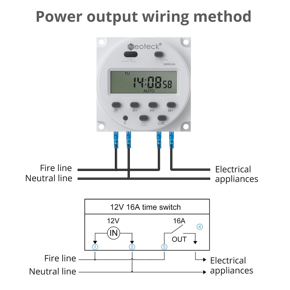 Neoteck DC 12V/16A Digital Timer Switch 7 Day Time Relay Programmable White