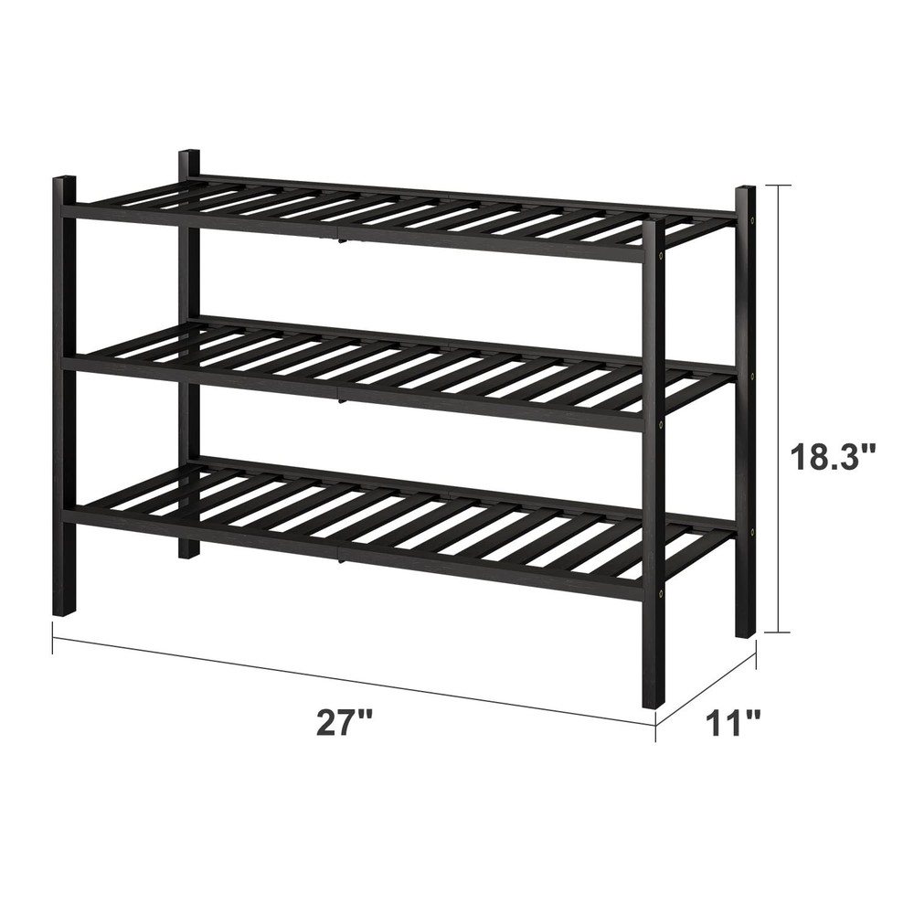 3-Tier Black Bamboo Shoe Rack for Entryway, Stackable | Foldable | Natural, S...