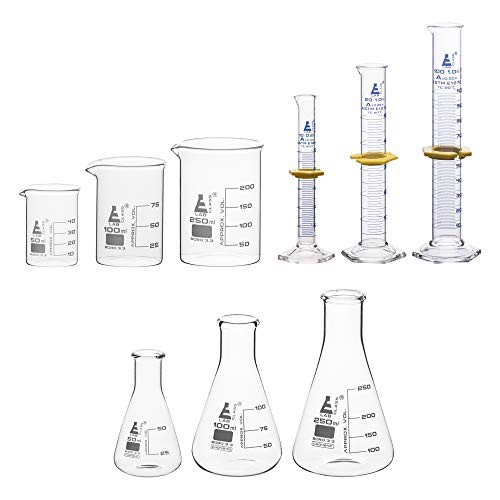 Laboratory Glassware Set, 9pcs - Includes Beaker Set (3pcs), Erlenmeyer Flask