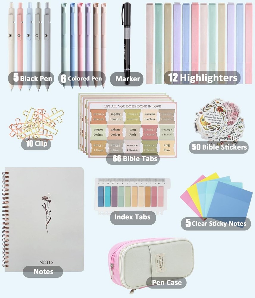 Bible Study Supplies Kit Journaling set with Tabs & Highlighter Pink