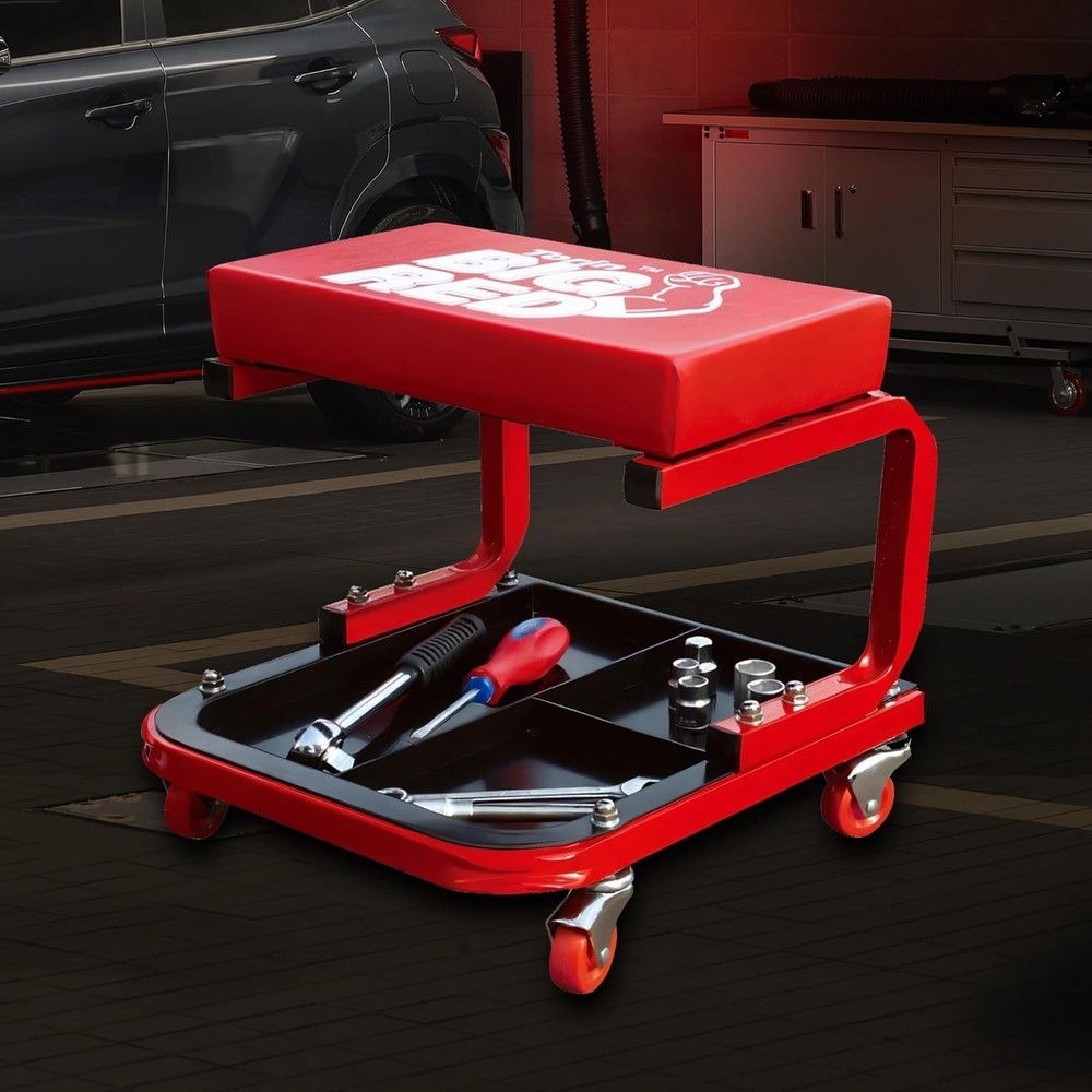 Red Rolling Creeper Seat - Heavy-Duty Mechanic Stool with Efficient Tool Storage