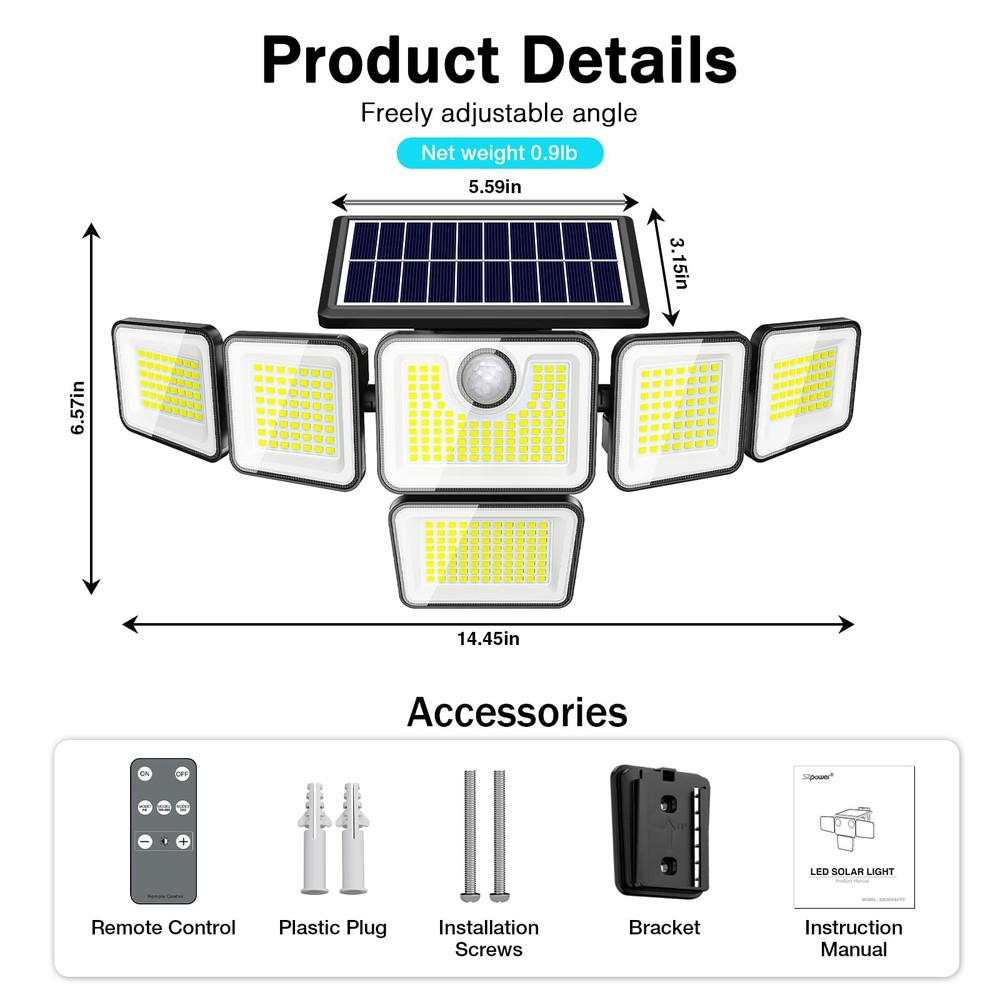 Outdoor Security Solar Lights - 6 Head Motion Sensor 6000LM 401 LED 2 Pack