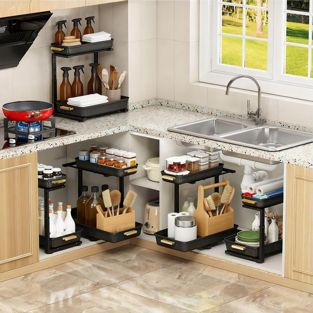Under Sink Organizer - 2 Packs Multi-Purpose Pull-Out Storage Organizers, Slide