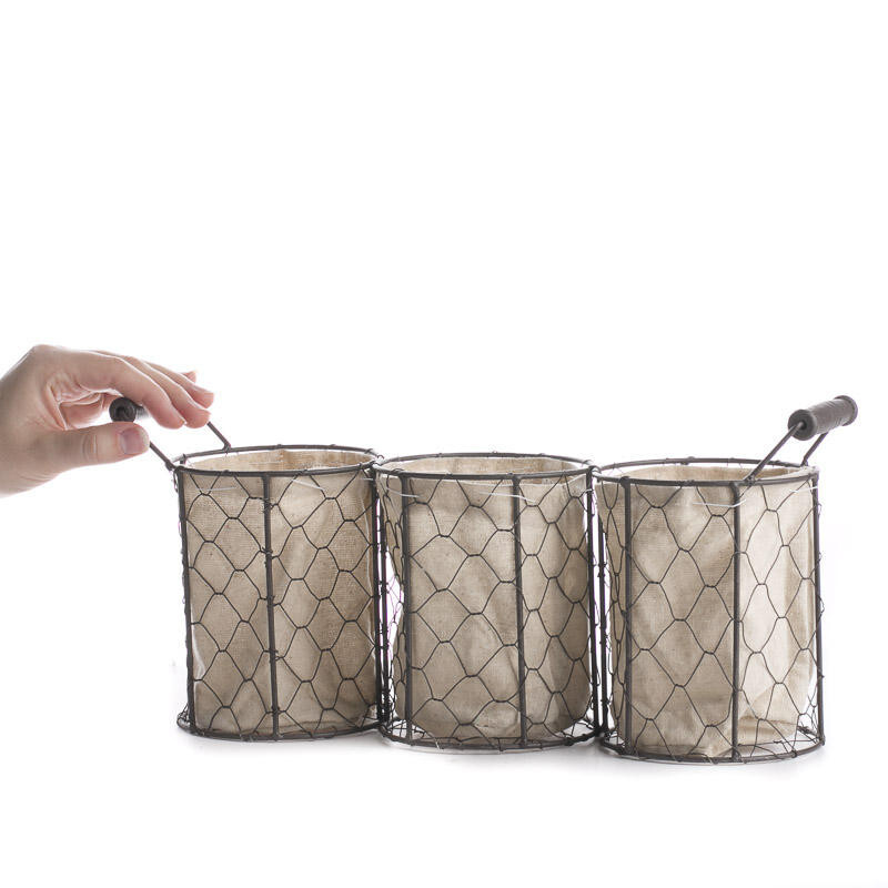 13" Decorative Brown Chicken Wire and Linen Storage Basket