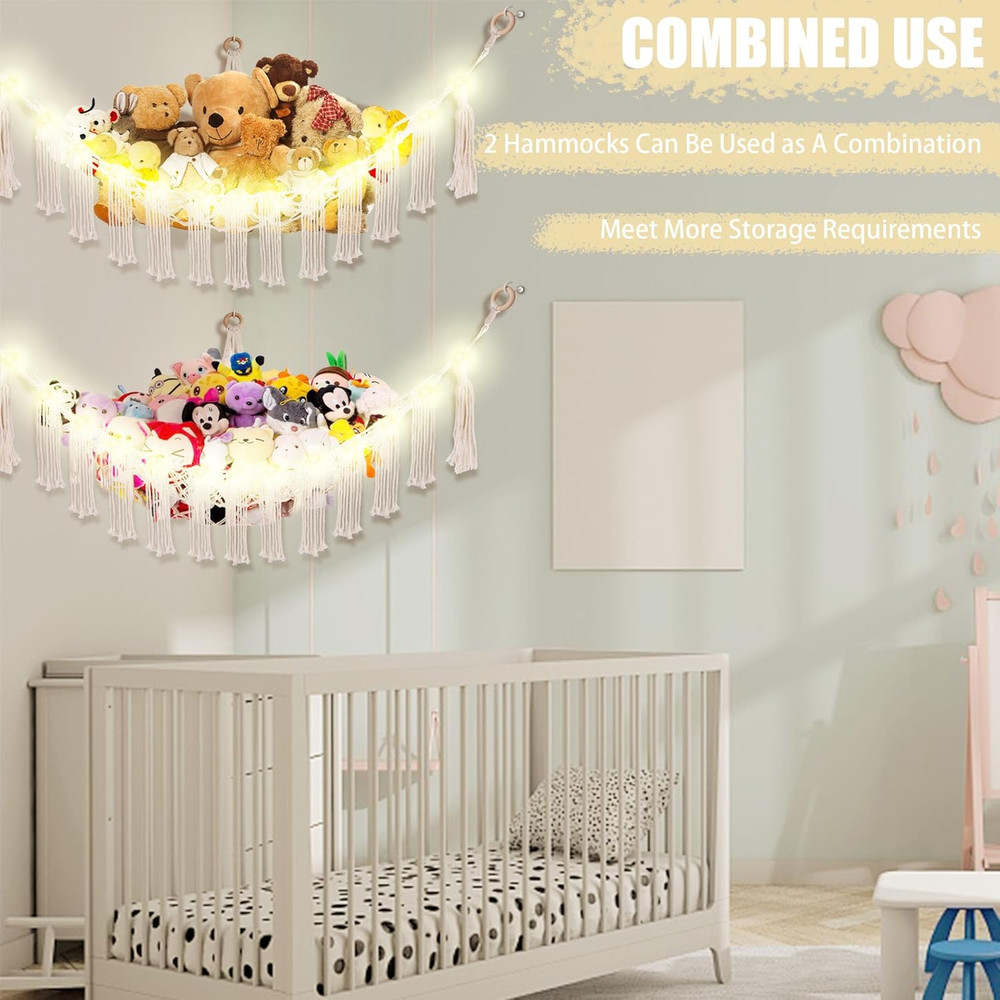 Stuffed Animal Hammock with LED Light, Large Stuffed Animals Storage Corner Plus