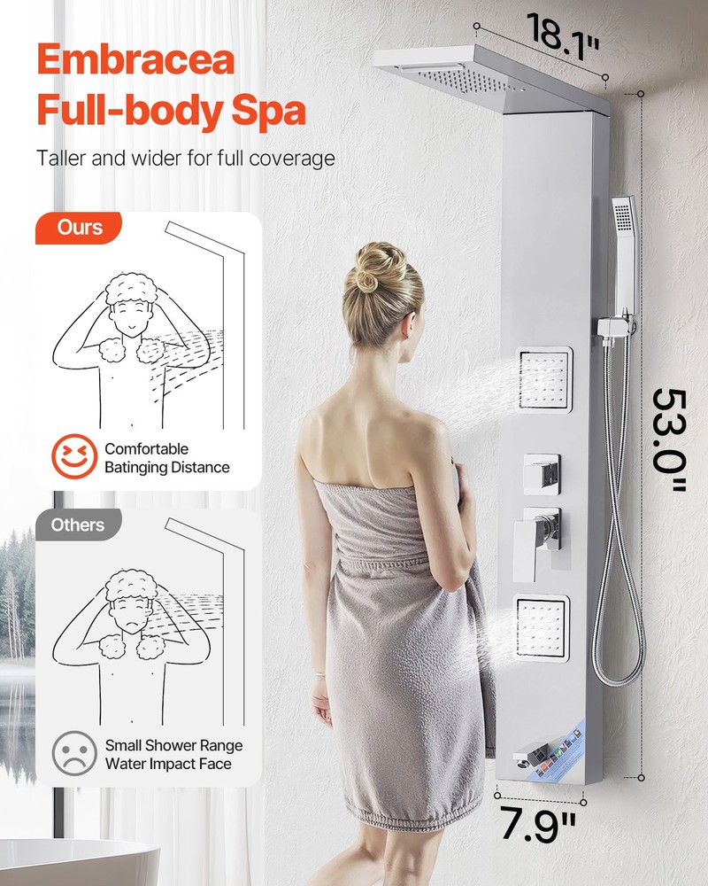 VEVOR Shower Panel Tower System Stainless Steel Column Rainfall Head Massage