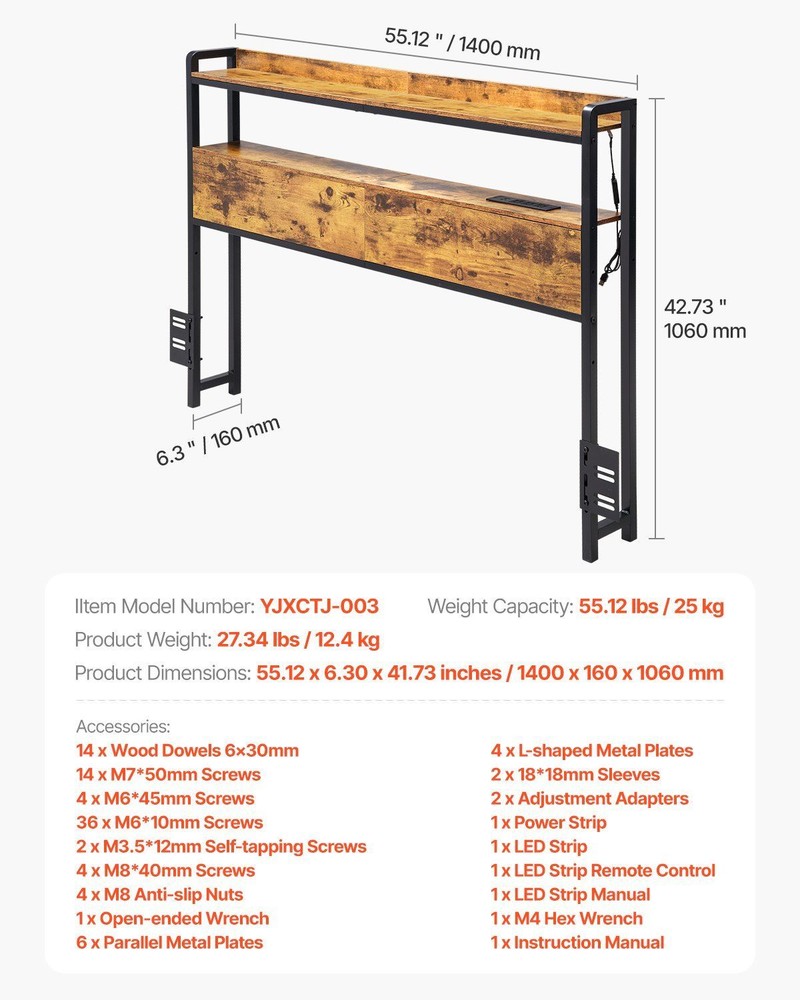 Adjustable Full Size Headboard w/Storage Shelves, USB Charging & LED Light