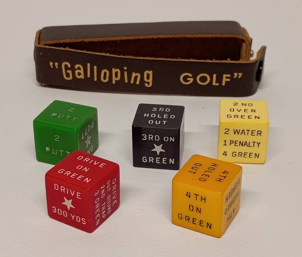 Vintage Galloping Golf Bakelite Dice Game In Leather Case