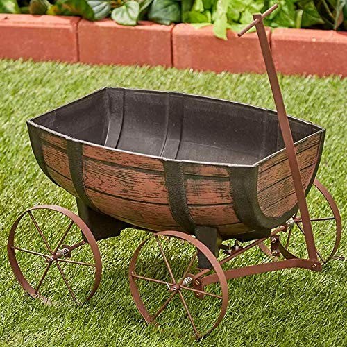 SkyMall Rustic Wagon Planter with Whiskey Barrel Design and Drainage