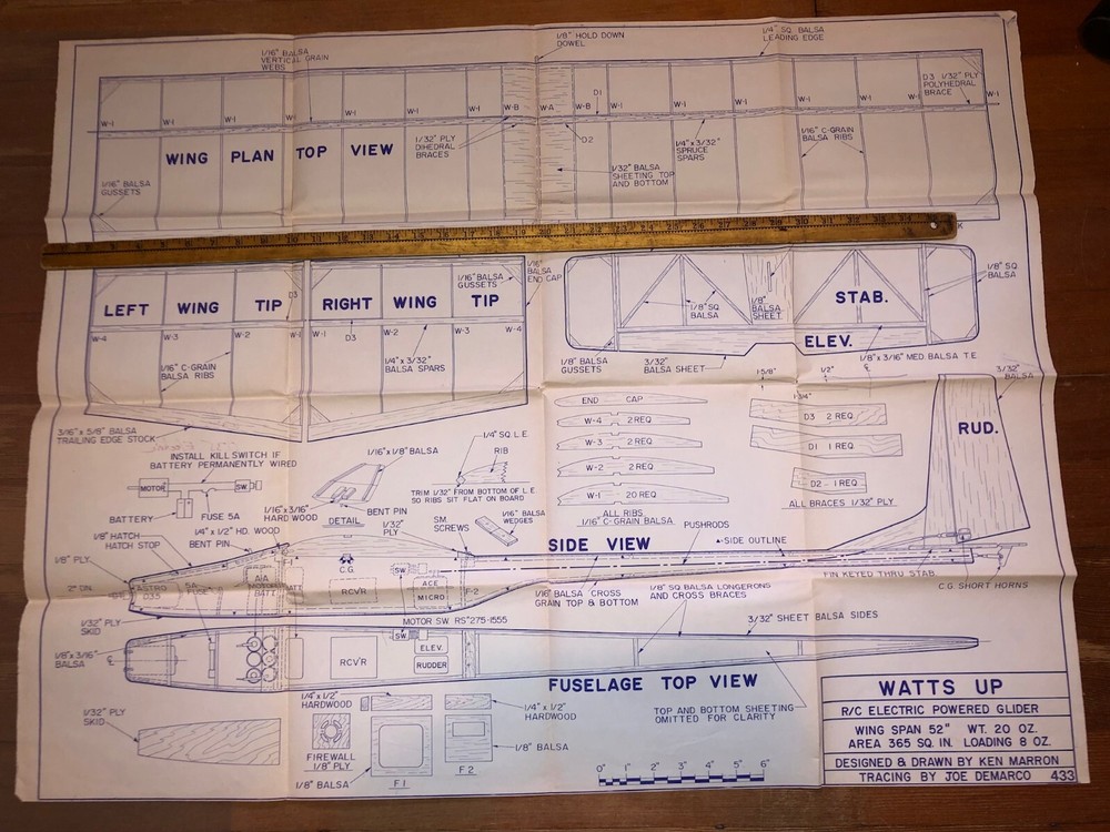 Original Watts Up Model Airplane Blueprint Plan - 39" x 30"