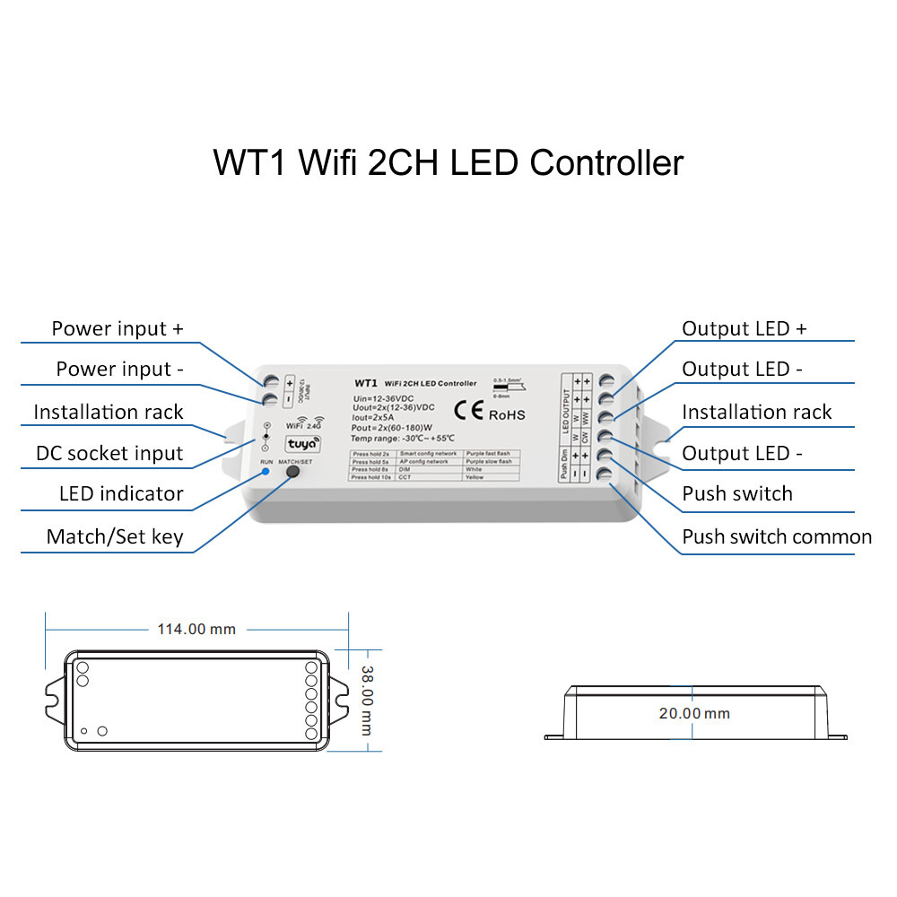 WT1 LED Controller 12-24V 4Zone Wall Touch Panel Dimmer Wireless Wifi RF Remote