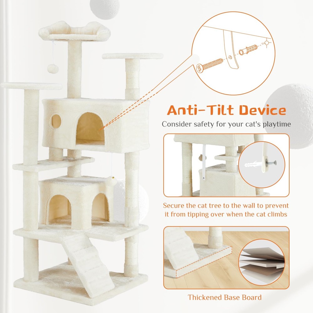 Cat Tree Tower for Indoor Cats 54 Inches Multi-Level Activity Cat Tree Beige