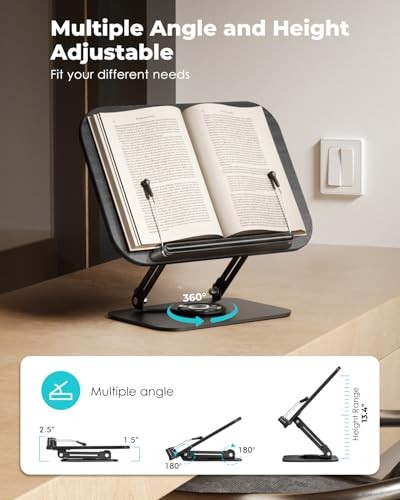 Book Stand for Reading,Book Holder, Height&Angle Adjustable, 360° Rotating