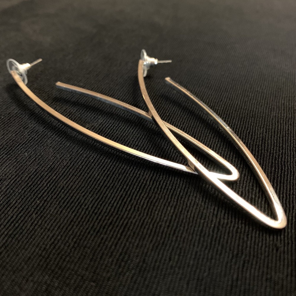 Vtg 80s Bold Dramatic Drop Silver Tone Hoop Post Earrings 3.5” Drop