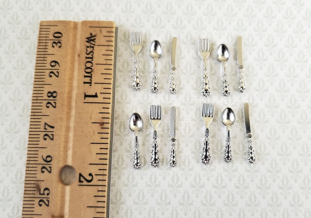 Dollhouse Miniature Silver Flatware Silverware Fancy 4 Place Settings 1:12 Scale