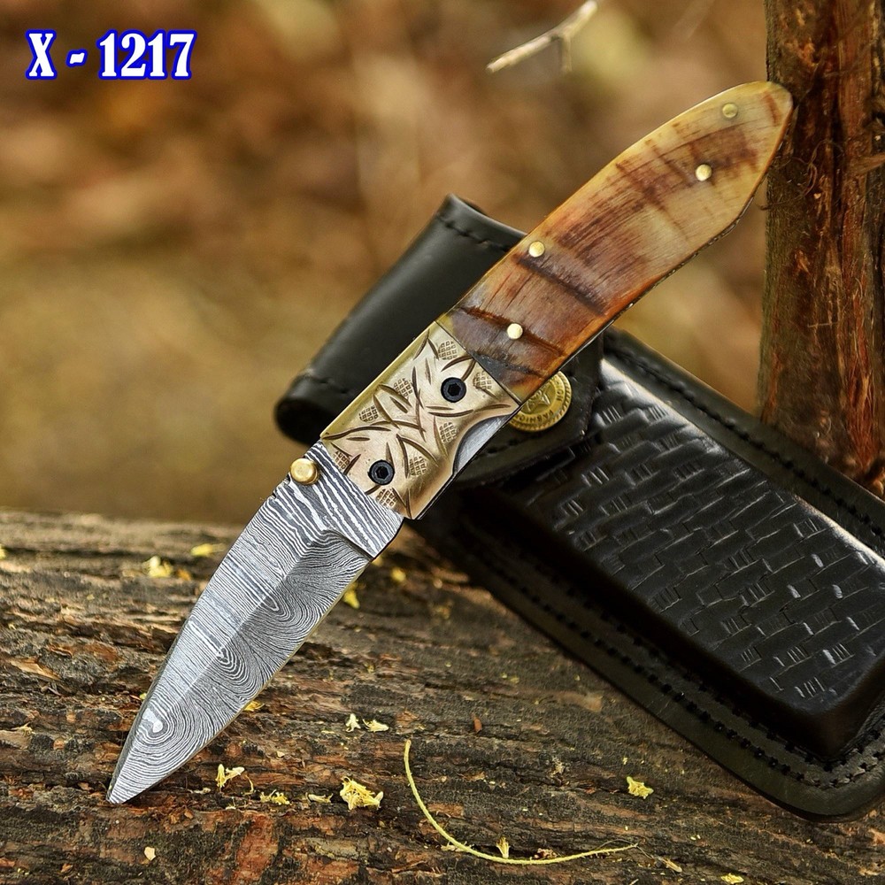 Damascus Folding Dagger Blade Pocket Knife InnerLock Tactical With Sheath