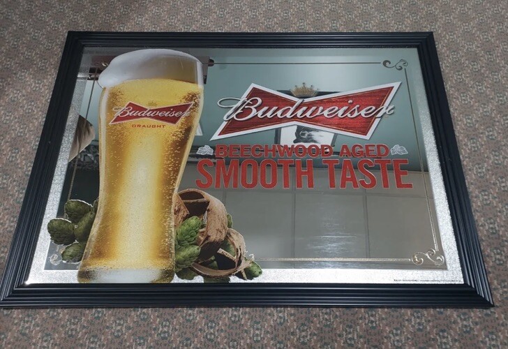 Budweiser Beer Mirror- 33”x23” Black Frame “Beechwood Aged” “Smooth Taste” Hops