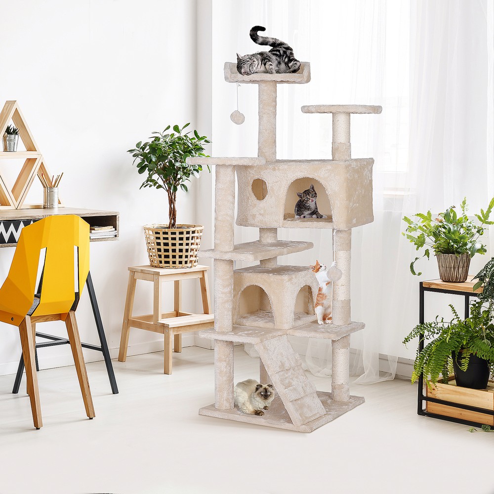 55'' Cat Tree Condo Scratching Post Sturdy Cat Activity Center Light Beige