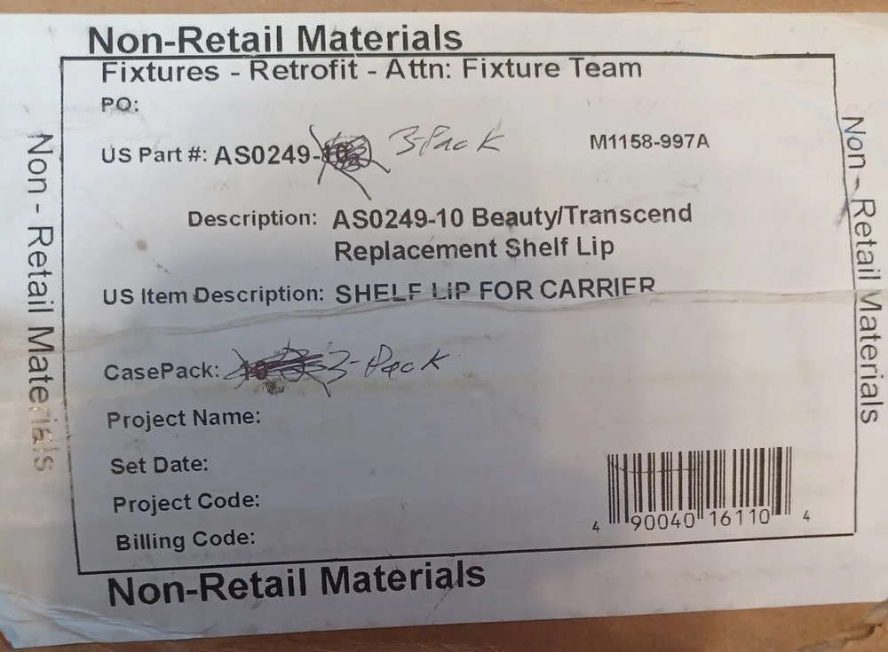 3 Pack 12" AS0249 Beauty/Transcend Replacement Shelf Lip