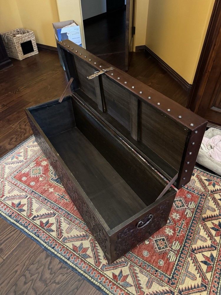 TREASURE CHEST STEAMER TRUNK EMBOSSED LEATHER OAK