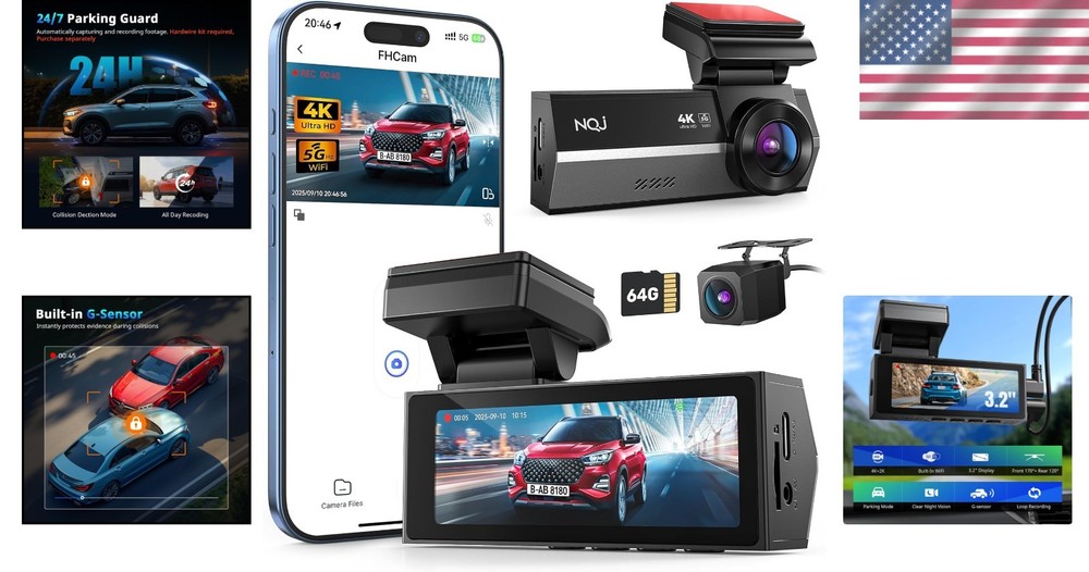 High-Resolution 4K Front & 2K Rear Dash Cam with G-Sensor & WiFi Technology