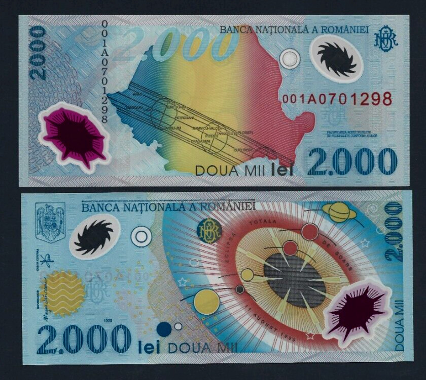 ROMANIA 2000 LEI ( 2,000 ) P-111 1999 Commemorative 1st Prefix POLYMER + FOLDER