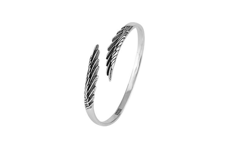 Bracelet Retro Thai Silver Feather Bangle 925 Sterling Silver Trendy Wing Open