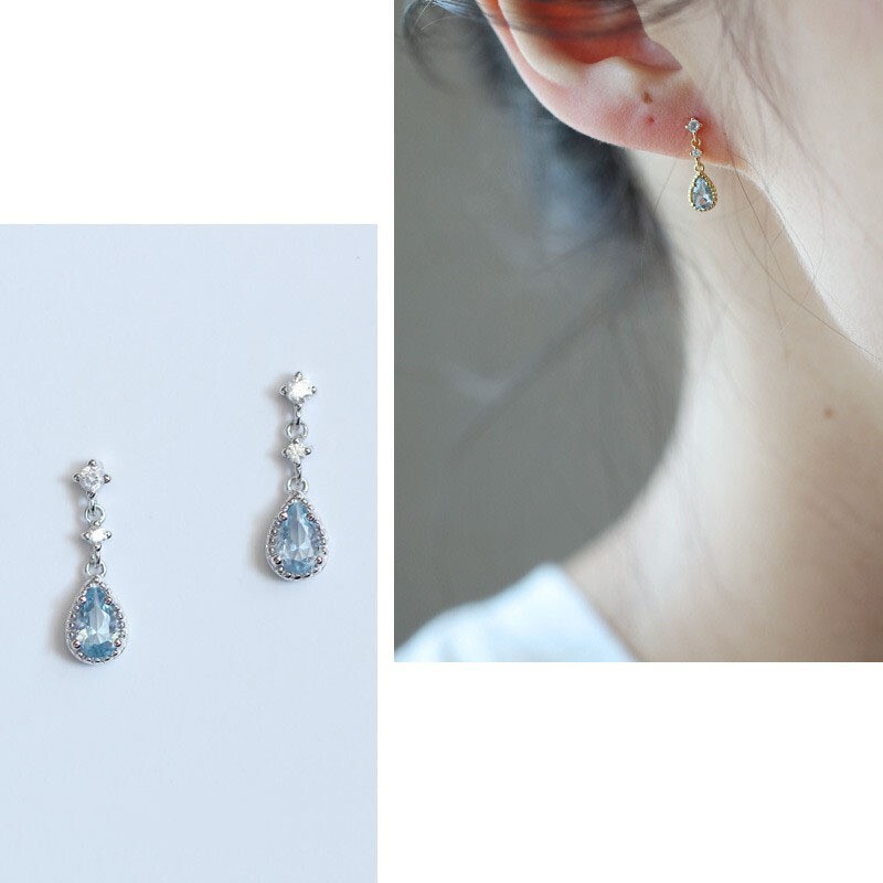 925 Sterling Silver Blue Waterdrop CZ Dangle Drop Stud Earrings Gift TH6