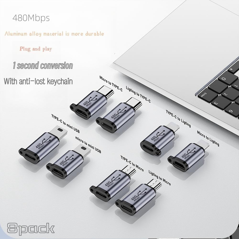 8Pack USB Adapter Kit with USB C Micro USB Mini USB Connectors for Fast Charging