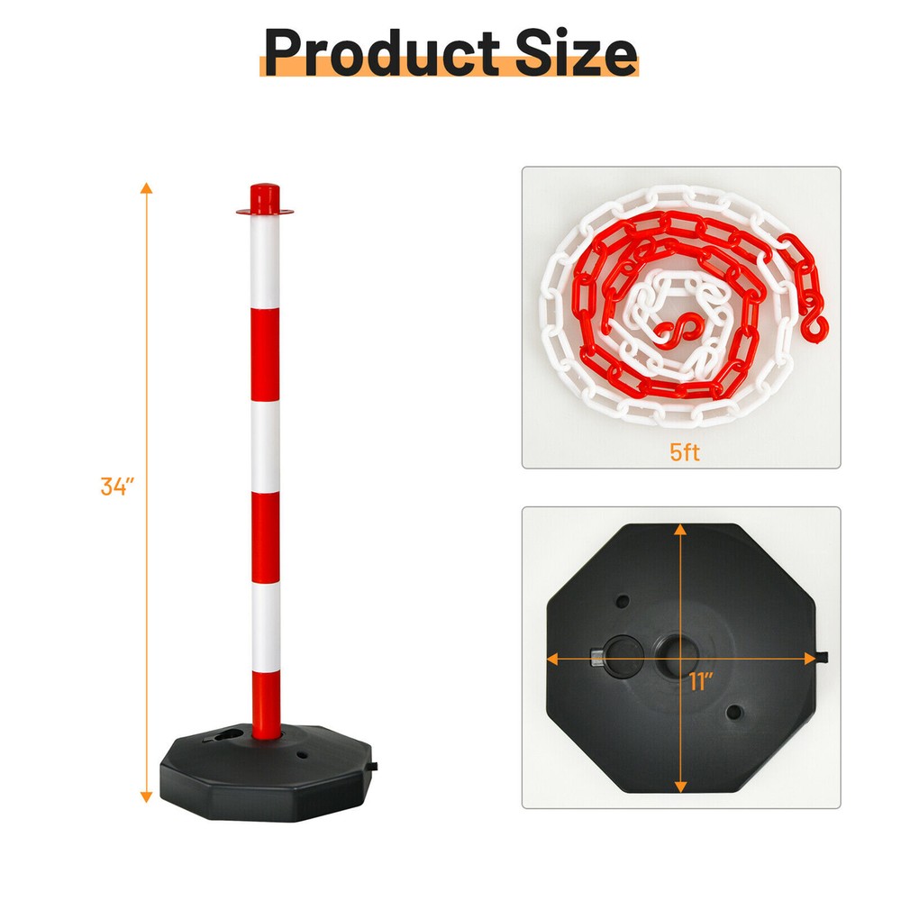 6PCS Traffic Delineator Pole Safety Caution Barrier w/ 5ft Link Chains White &