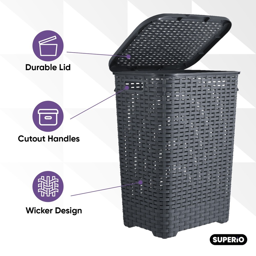 Plastic Wicker Laundry Hamper with Lid and Handles-Grey (60 Liter)