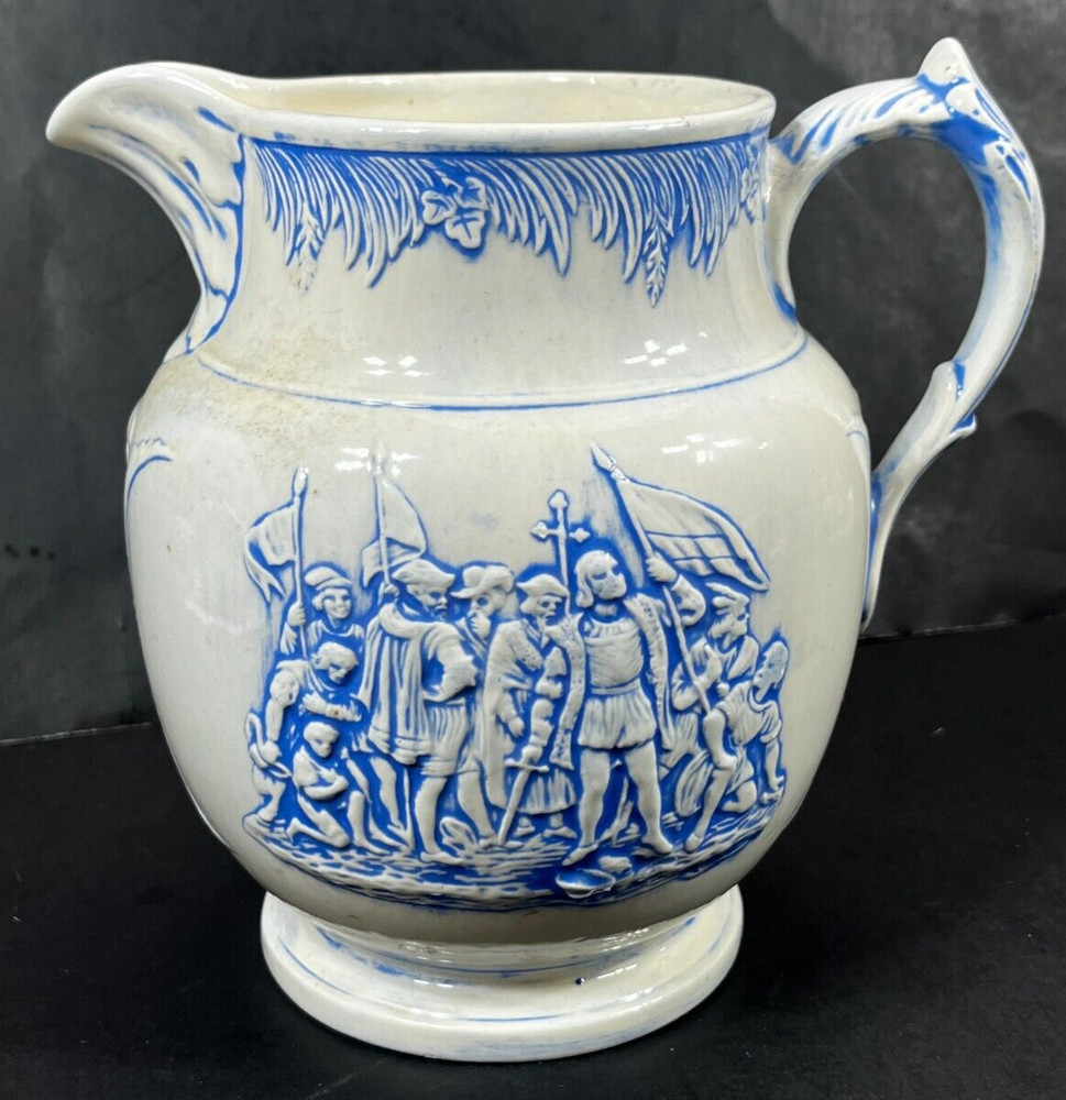 Christopher Colombus Studio Barna's Pottery Pitcher Blue White Relief Scene