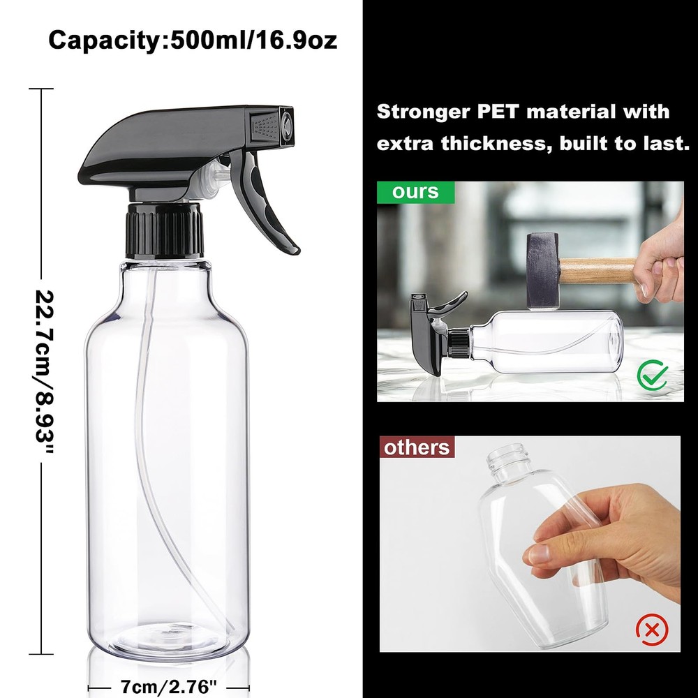 Hethyo 16.9oz Refillable Spray Bottles 2Pack Trigger Sprayer, Black/Clear