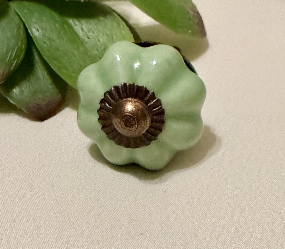 4 Light Green Ceramic Melon Knobs Antique Vintage Green Drawer Pulls