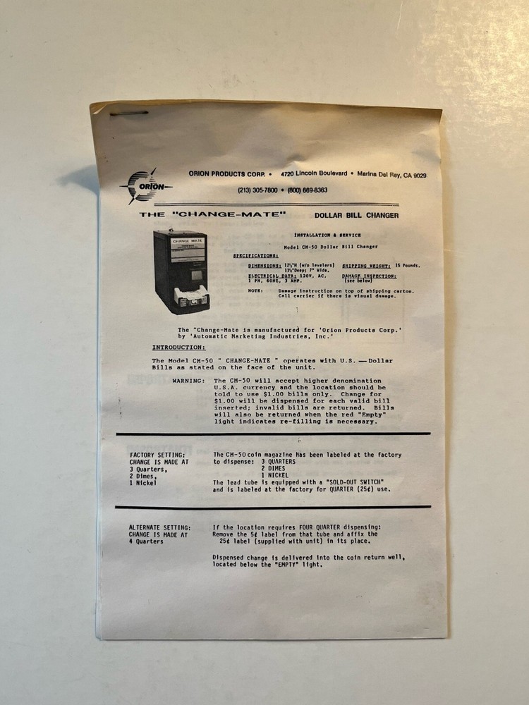 Change Mate Automatic Bill Changer CM-50 INSTRUCTIONS ONLY