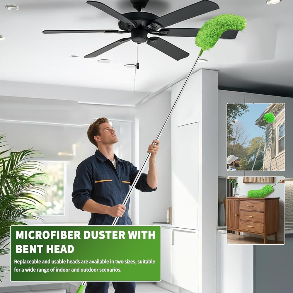 Cobweb Duster with Extension Pole, Washable Cleaning Duster Set with 2 Duster He