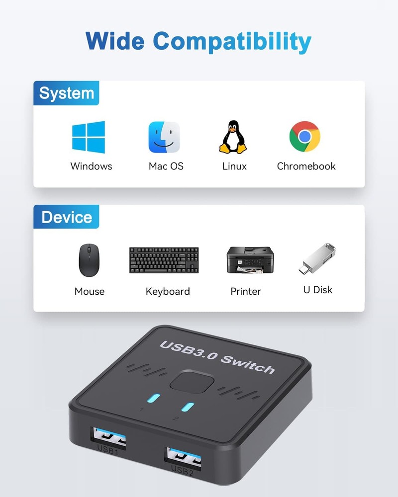 USB Switch, USB-A Selector, Bi-Directional USB Switcher 1 in 2 Out / 2 in 1 O...