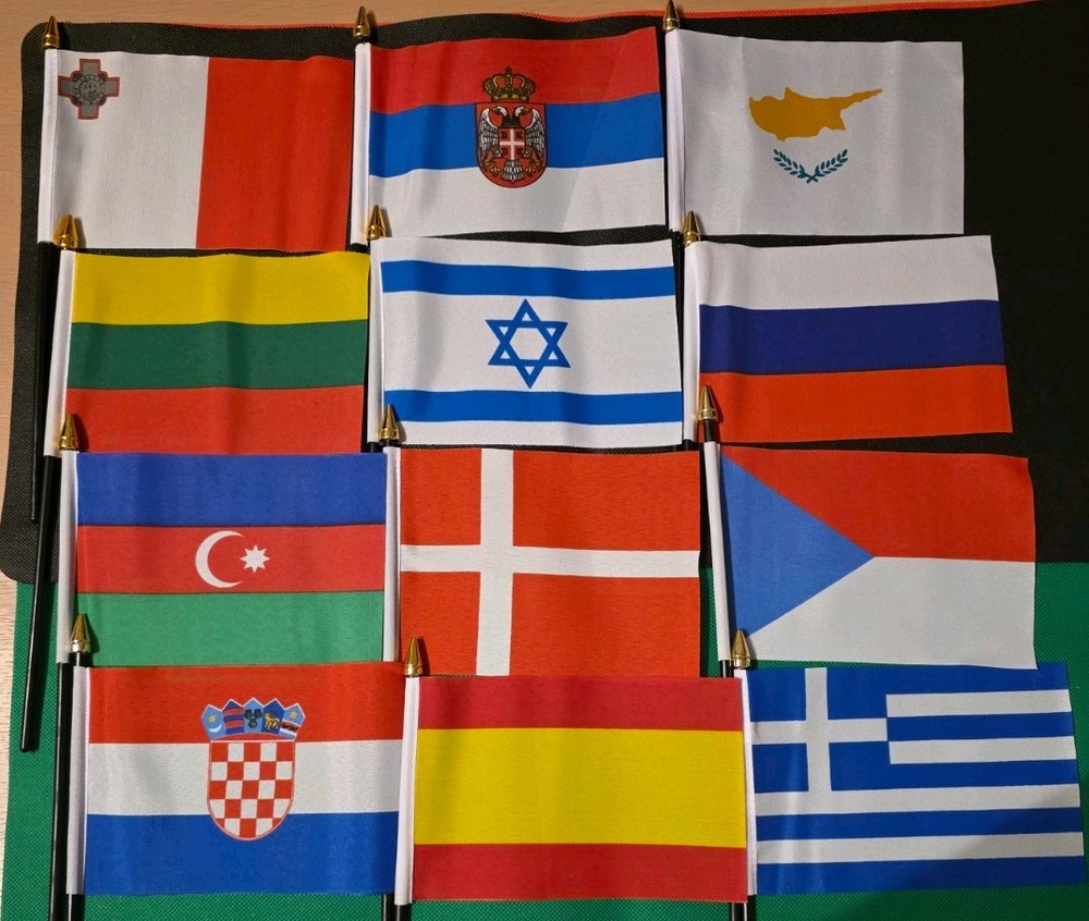 38 Eurovision Party / European Table flags with assorted table flag holders