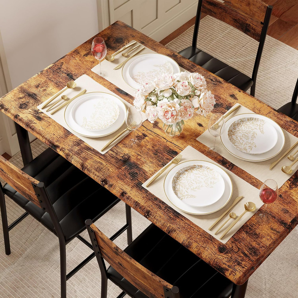 Dining Table Set for 4, Wood Kitchen Table with Upholstered Chairs for Kitchen R
