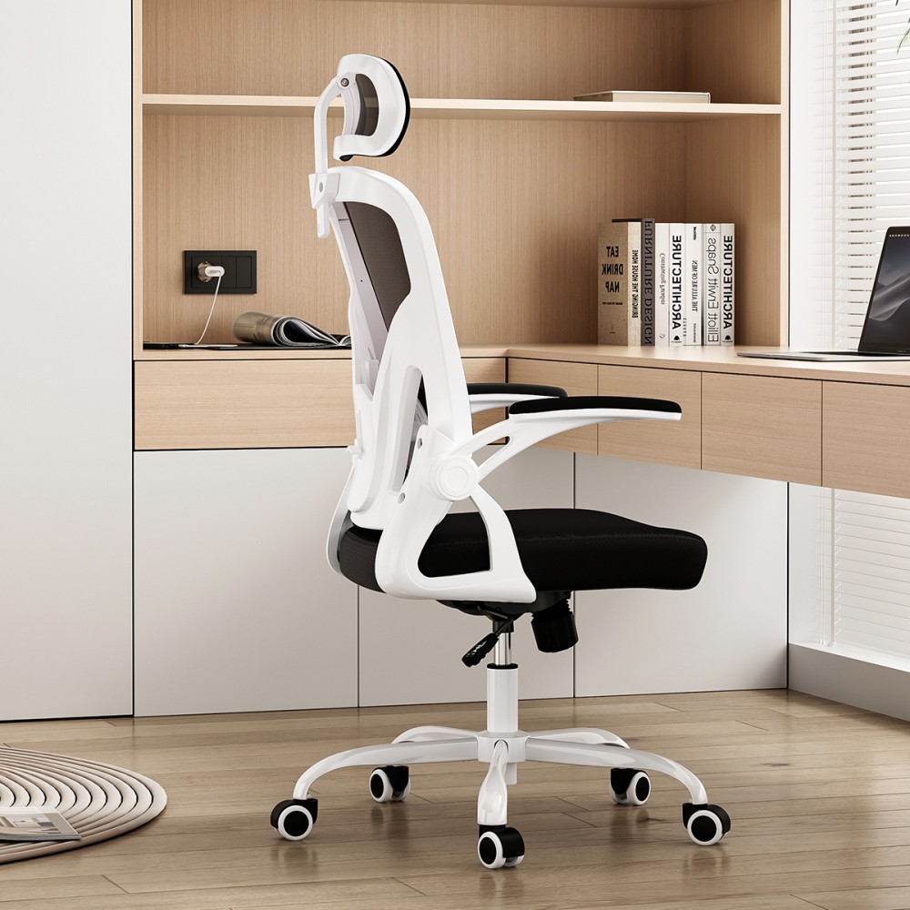 High Back Mesh Office Chair, w/Lumbar Support & Headrest, ,White & Black