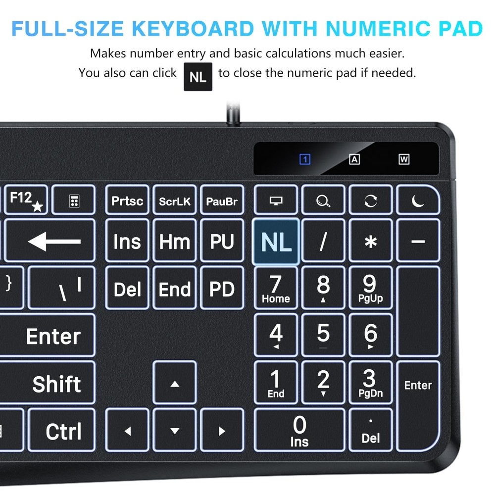 OMOTON Large Print Backlit Keyboard with Type-C and USB A Dual Interface, Wir...