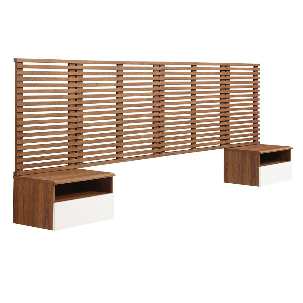 Modway Render Wall Mount King Headboard and Modern Nightstands in Walnut