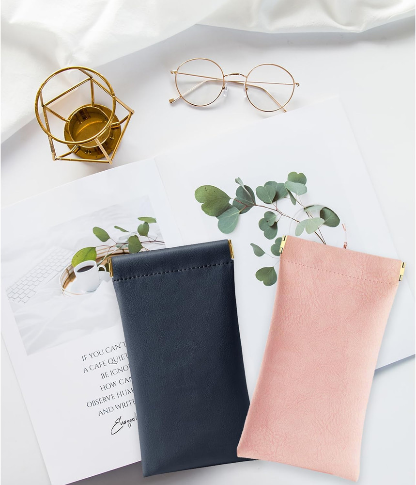 Glasses Case 2 Pack, Soft Portable Squeeze Top Eyeglass Case, PU Leather Sunglas