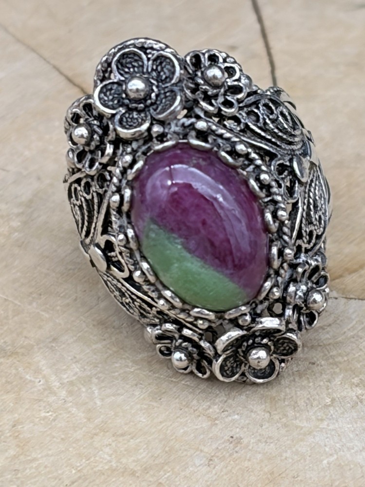 Sterling Silver Ruby Zoisite Filigree Ornate Ring Size 8 Turkey Signed DGS